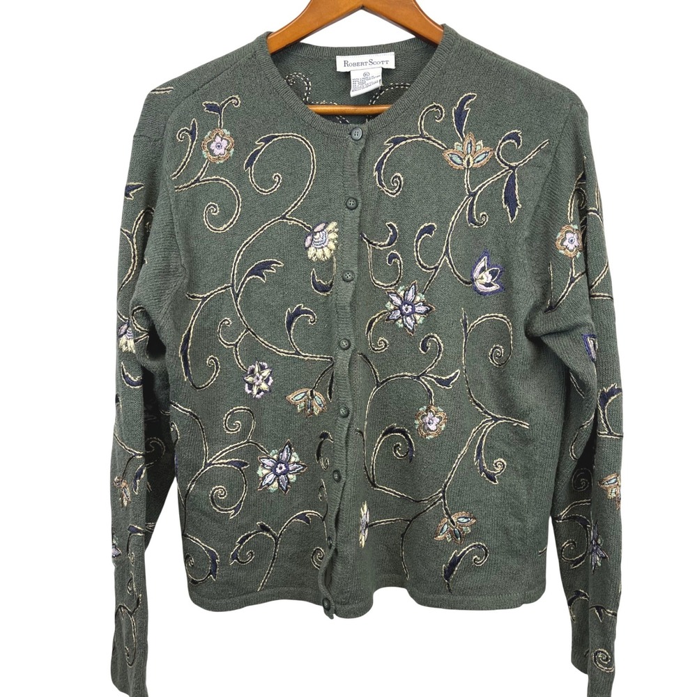 Robert Scott Floral Embroidered Linen Cotton Cardigan Sweater XL Cottage Grandma